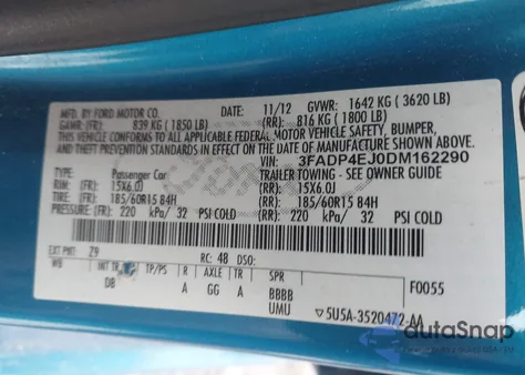 2013 Ford Fiesta Se z USA, uszkodzony, nr VIN 3FADP4EJ0DM162290